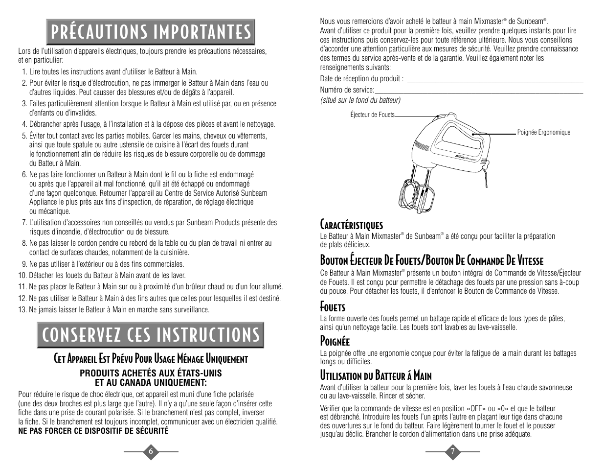 Caractéristiques, Fouets, Poignée | Utilisation du batteur á main | Sunbeam 2487 User Manual | Page 6 / 20