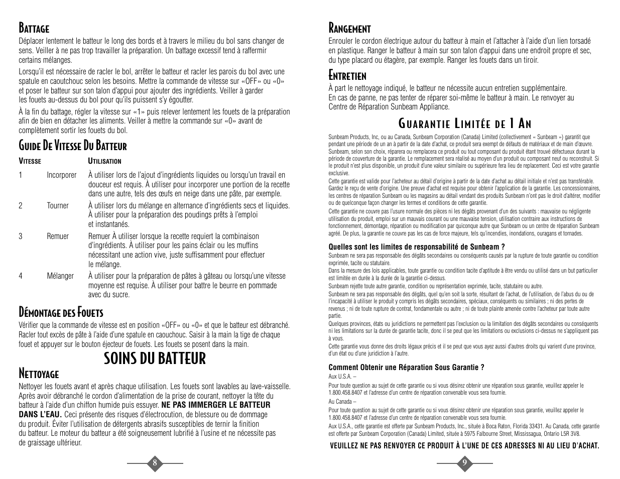 Soins du batteur, Battage, Guide de vitesse du batteur | Démontage des fouets, Nettoyage, Rangement, Entretien | Sunbeam 2487 User Manual | Page 8 / 20