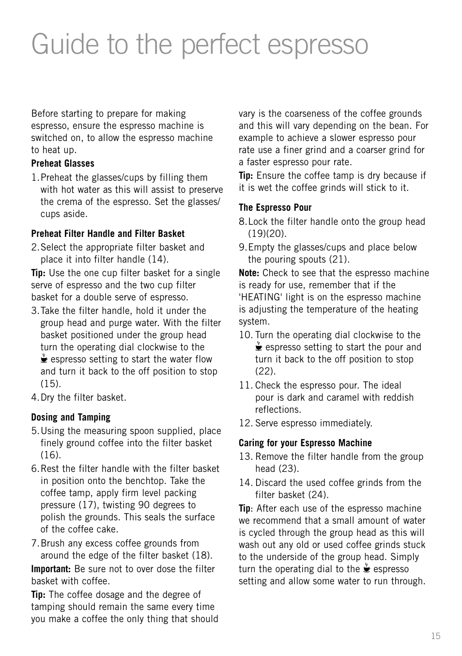 Guide to the perfect espresso, Heading | Sunbeam EM3800 User Manual | Page 17 / 32