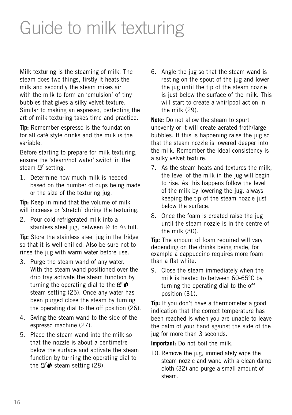 Guide to milk texturing | Sunbeam EM3800 User Manual | Page 18 / 32