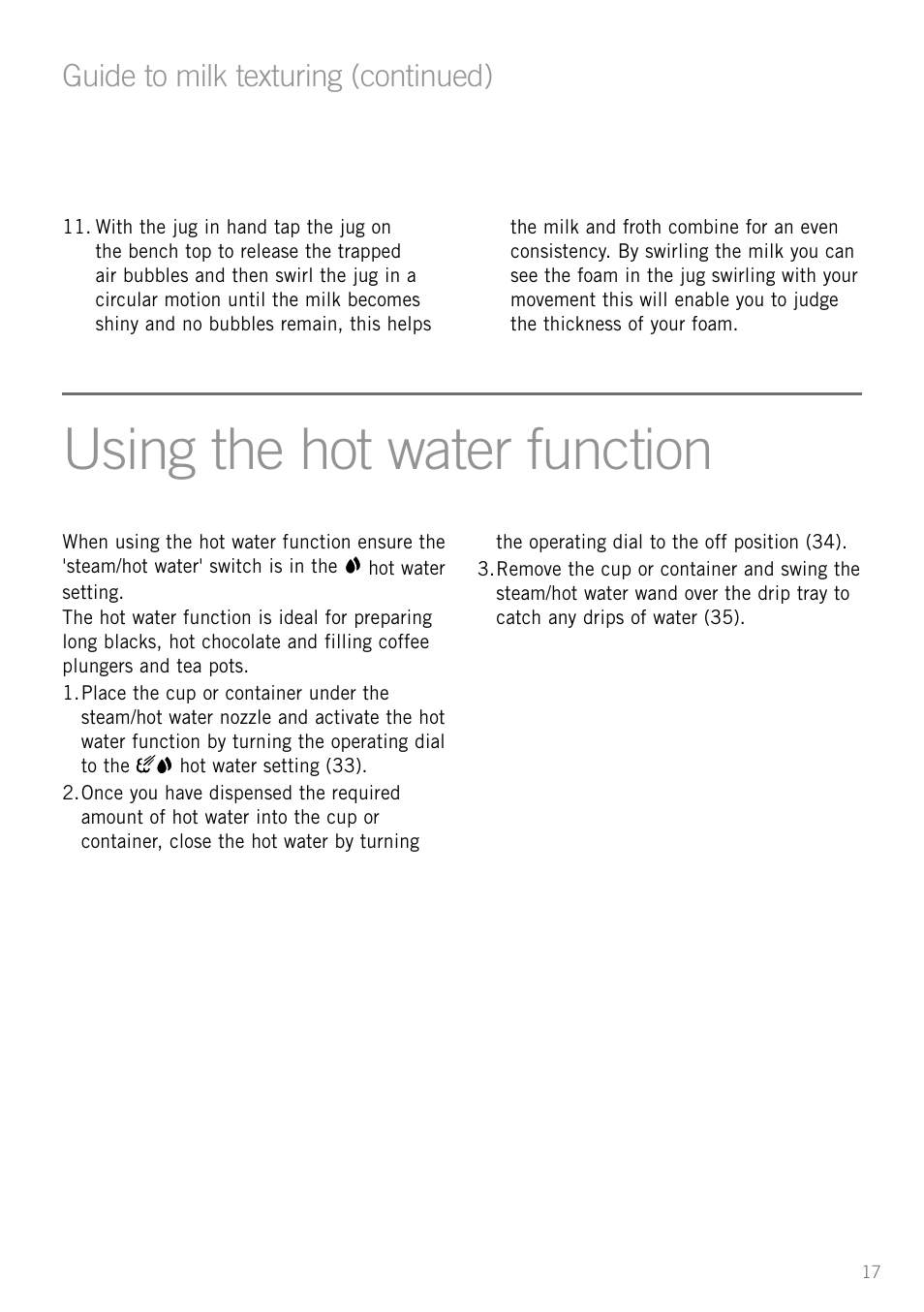 Using the hot water function, Guide to milk texturing (continued) | Sunbeam EM3800 User Manual | Page 19 / 32