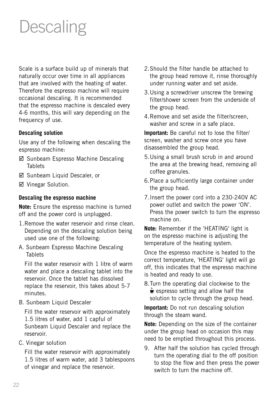 Descaling | Sunbeam EM3800 User Manual | Page 24 / 32