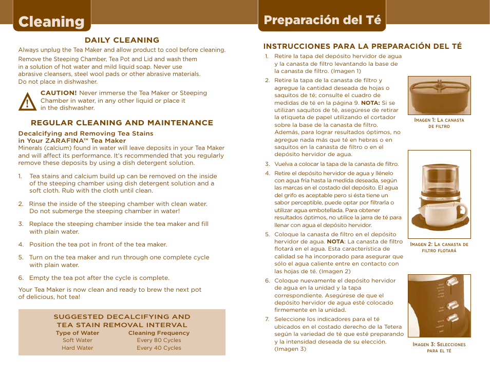 Cleaning, Preparación del té | Sunbeam TEA MAKER User Manual | Page 10 / 14