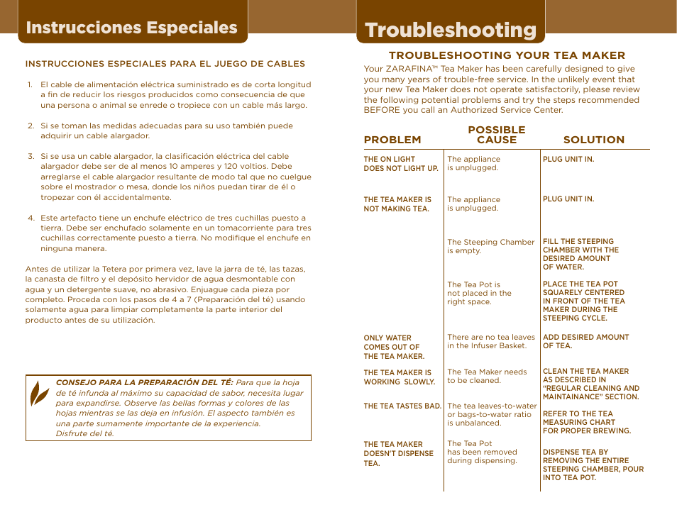 Troubleshooting, Instrucciones especiales | Sunbeam TEA MAKER User Manual | Page 11 / 14