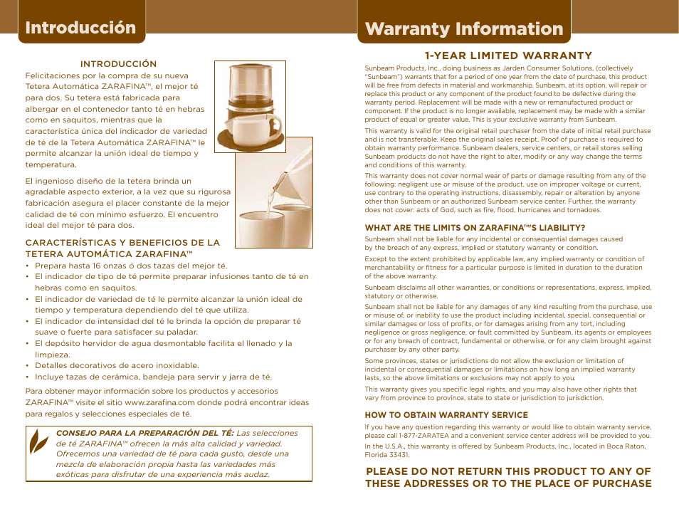 Warranty information, Introducción | Sunbeam TEA MAKER User Manual | Page 13 / 14