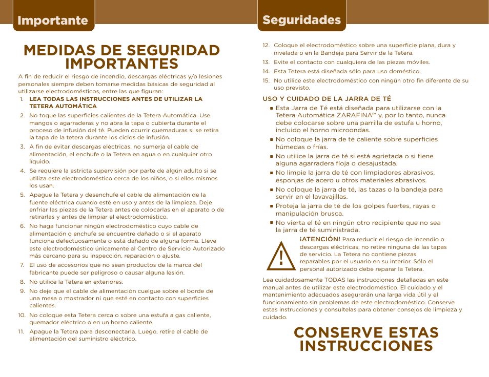 Conserve estas instrucciones, Medidas de seguridad importantes, Seguridades | Importante | Sunbeam TEA MAKER User Manual | Page 14 / 14