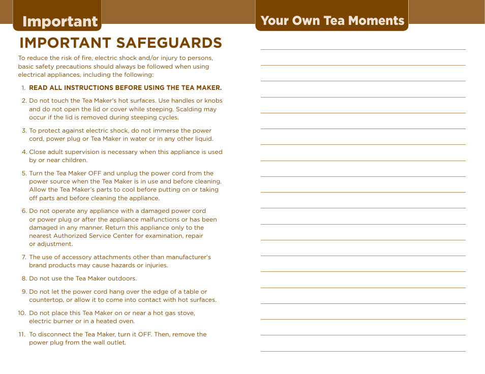 Important important safeguards, Your own tea moments | Sunbeam TEA MAKER User Manual | Page 2 / 14