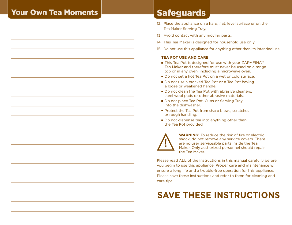 Safeguards, Save these instructions, Your own tea moments | Sunbeam TEA MAKER User Manual | Page 3 / 14