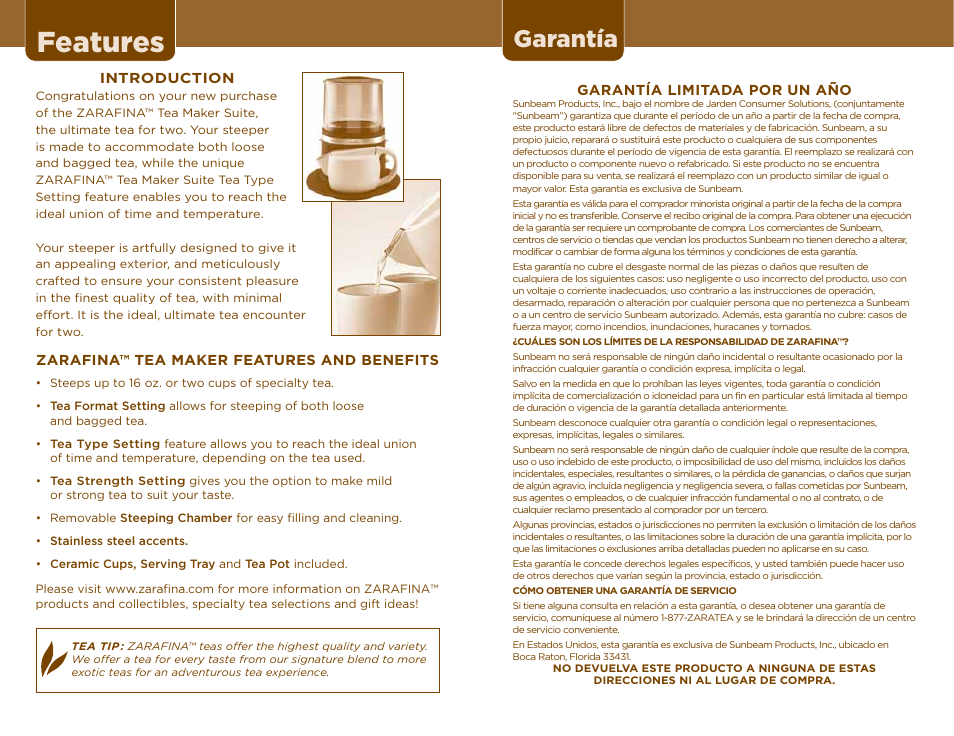 Features, Garantía | Sunbeam TEA MAKER User Manual | Page 4 / 14