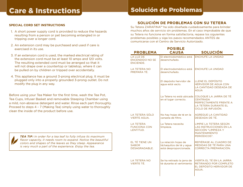 Care & instructions, Solución de problemas | Sunbeam TEA MAKER User Manual | Page 6 / 14