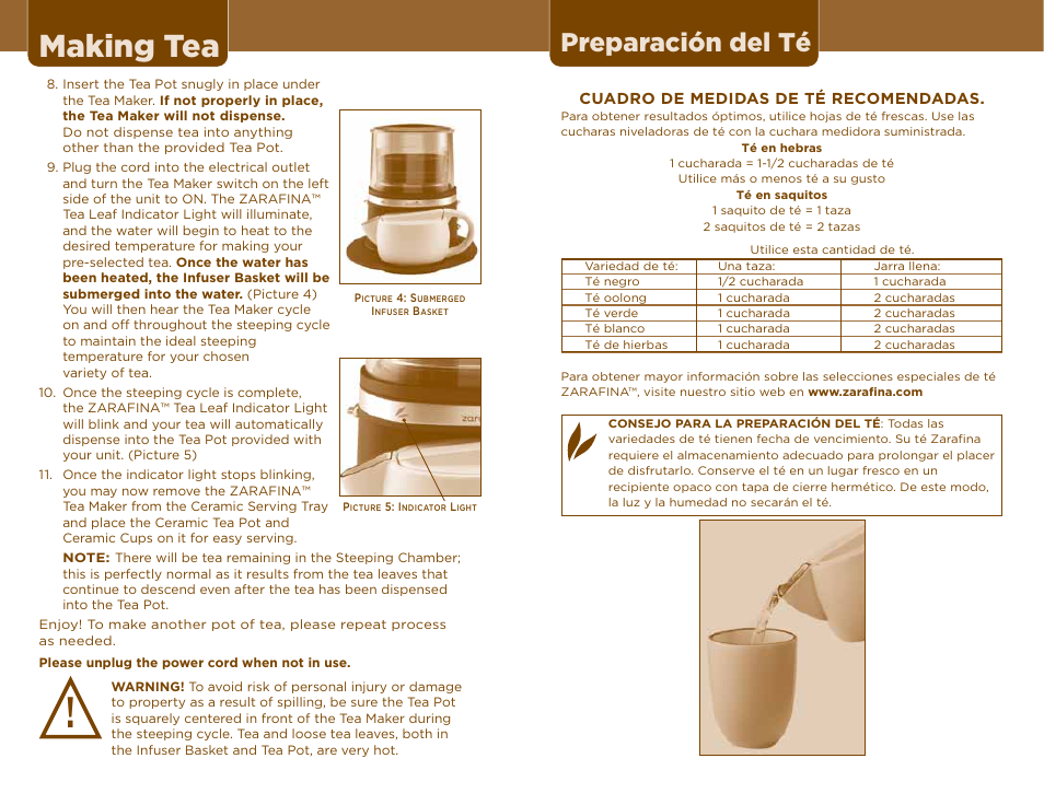 Making tea, Preparación del té | Sunbeam TEA MAKER User Manual | Page 8 / 14