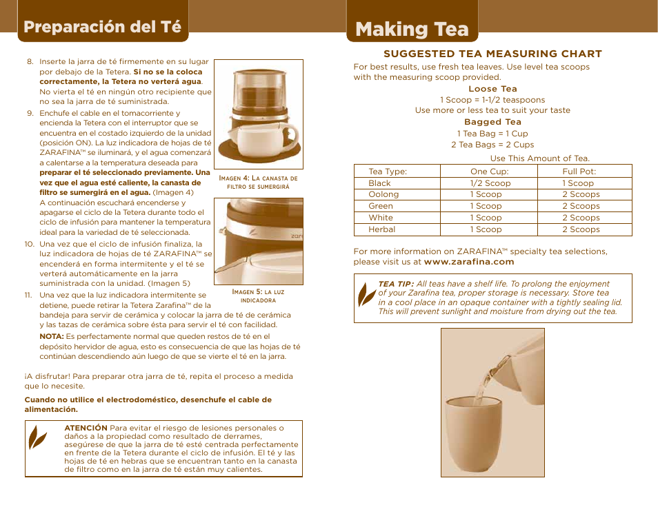 Making tea, Preparación del té | Sunbeam TEA MAKER User Manual | Page 9 / 14