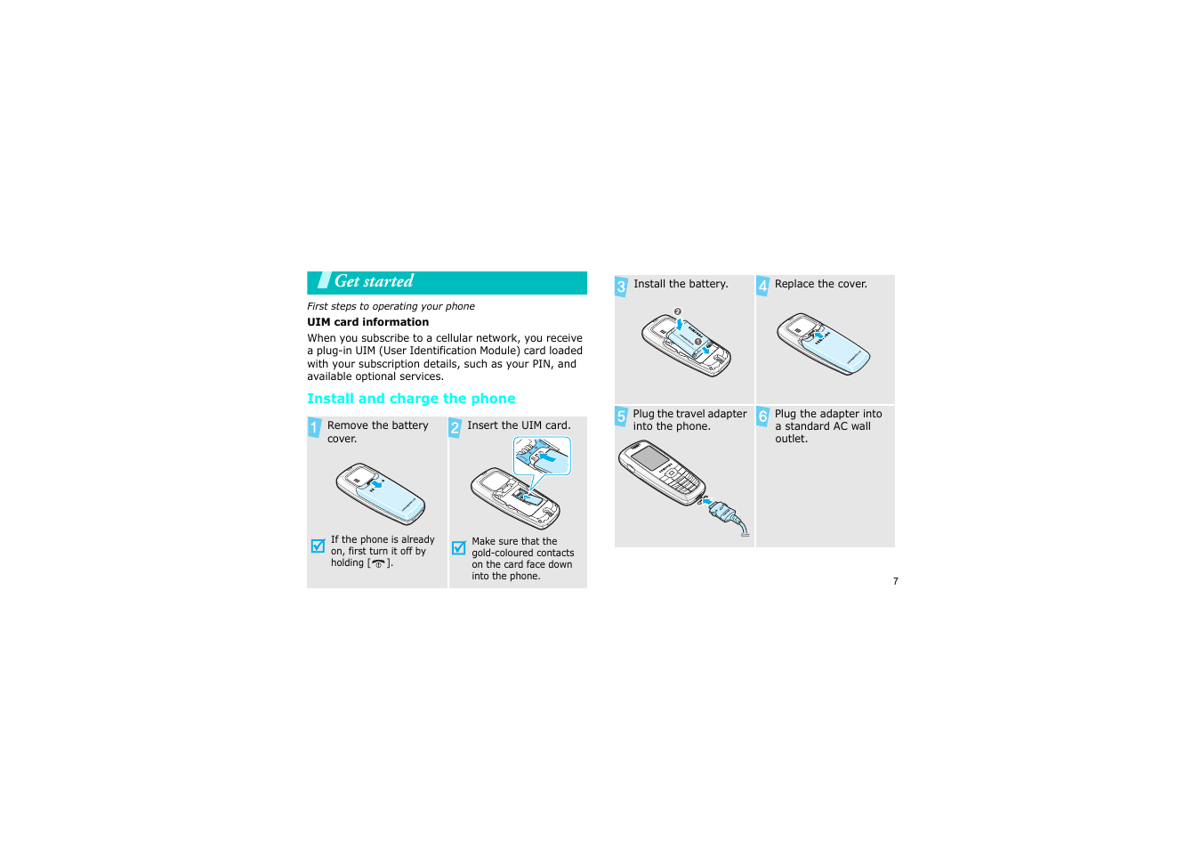 Get started, Install and charge the phone | Samsung SCH-X969 User Manual | Page 10 / 54