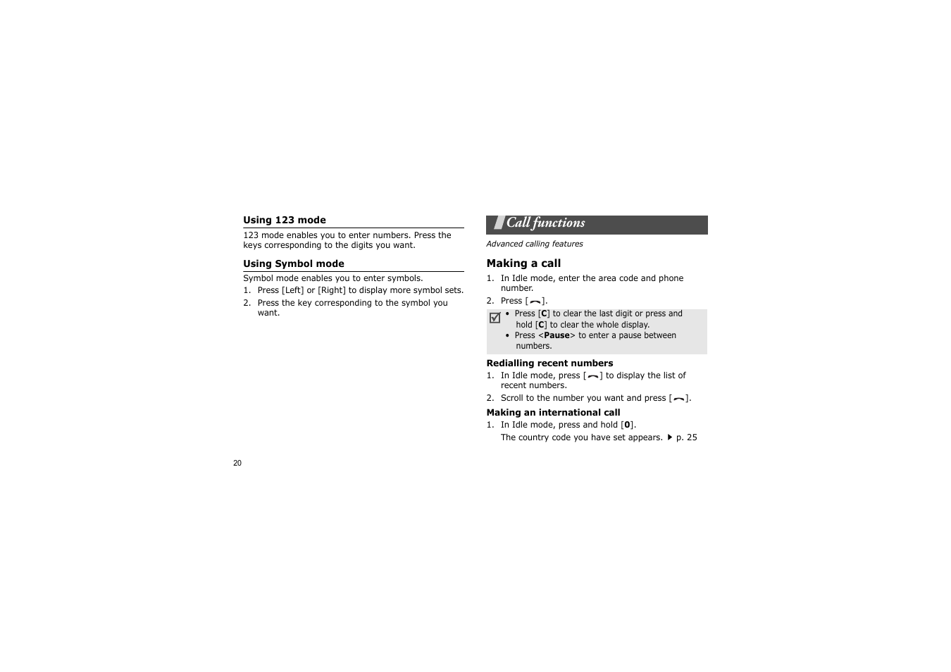 Call functions, Making a call, Advanced calling features | Samsung SCH-X969 User Manual | Page 23 / 54