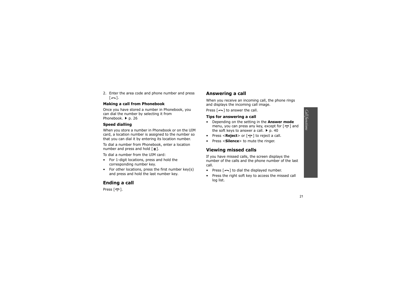 Ending a call, Answering a call, Viewing missed calls | Samsung SCH-X969 User Manual | Page 24 / 54