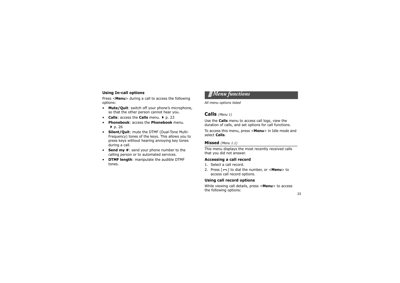 Menu functions, Calls (menu 1), All menu options listed | P.23 | Samsung SCH-X969 User Manual | Page 26 / 54