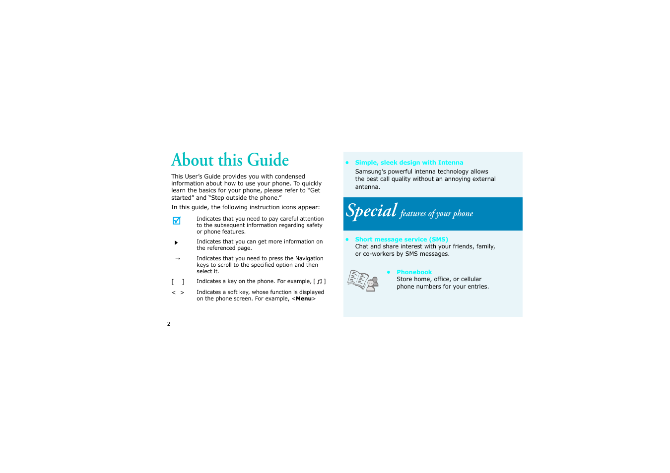 About this guide, Special features of your phone, Special | Features of your phone | Samsung SCH-X969 User Manual | Page 5 / 54