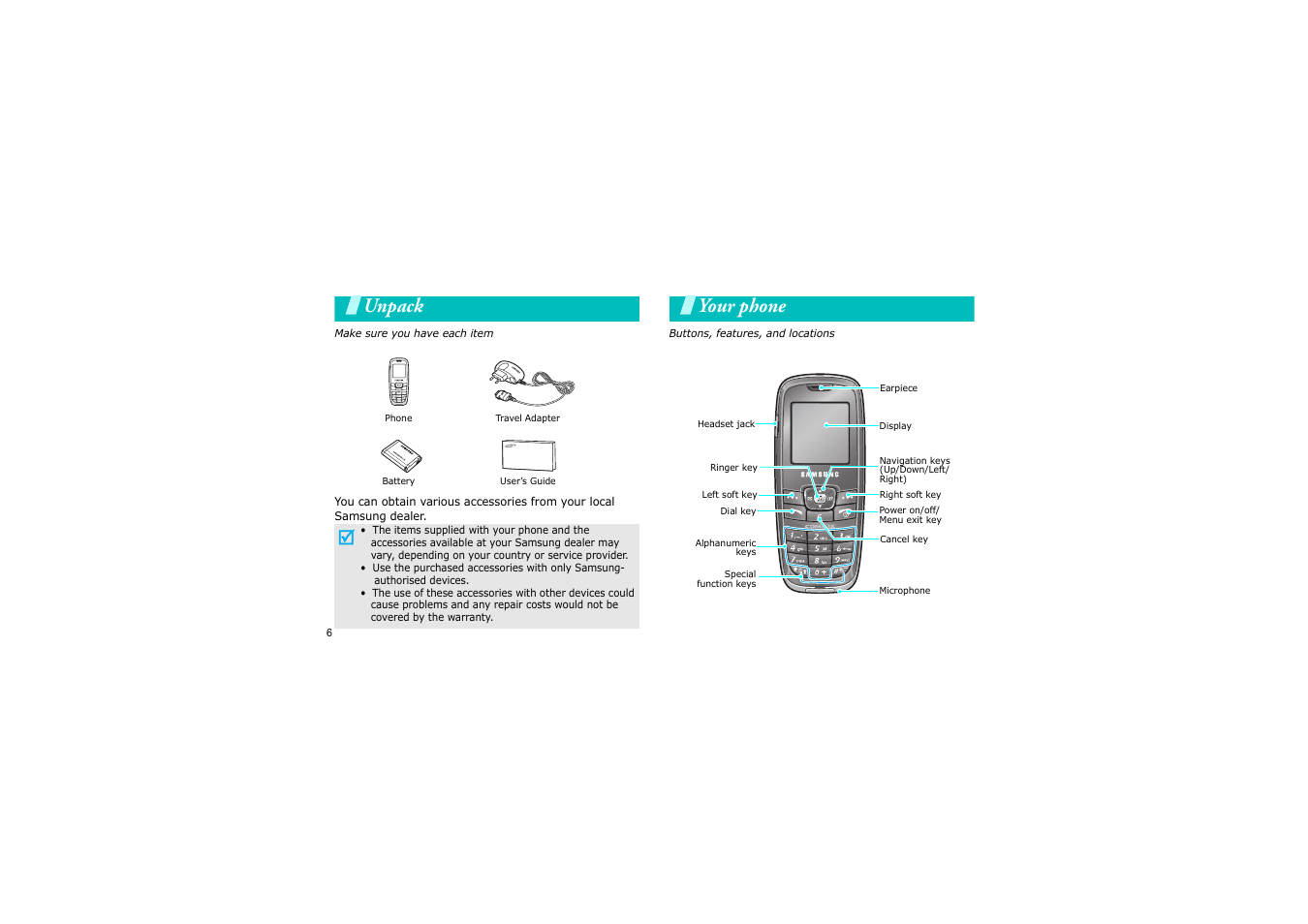Unpack, Your phone, Make sure you have each item | Buttons, features, and locations | Samsung SCH-X969 User Manual | Page 9 / 54