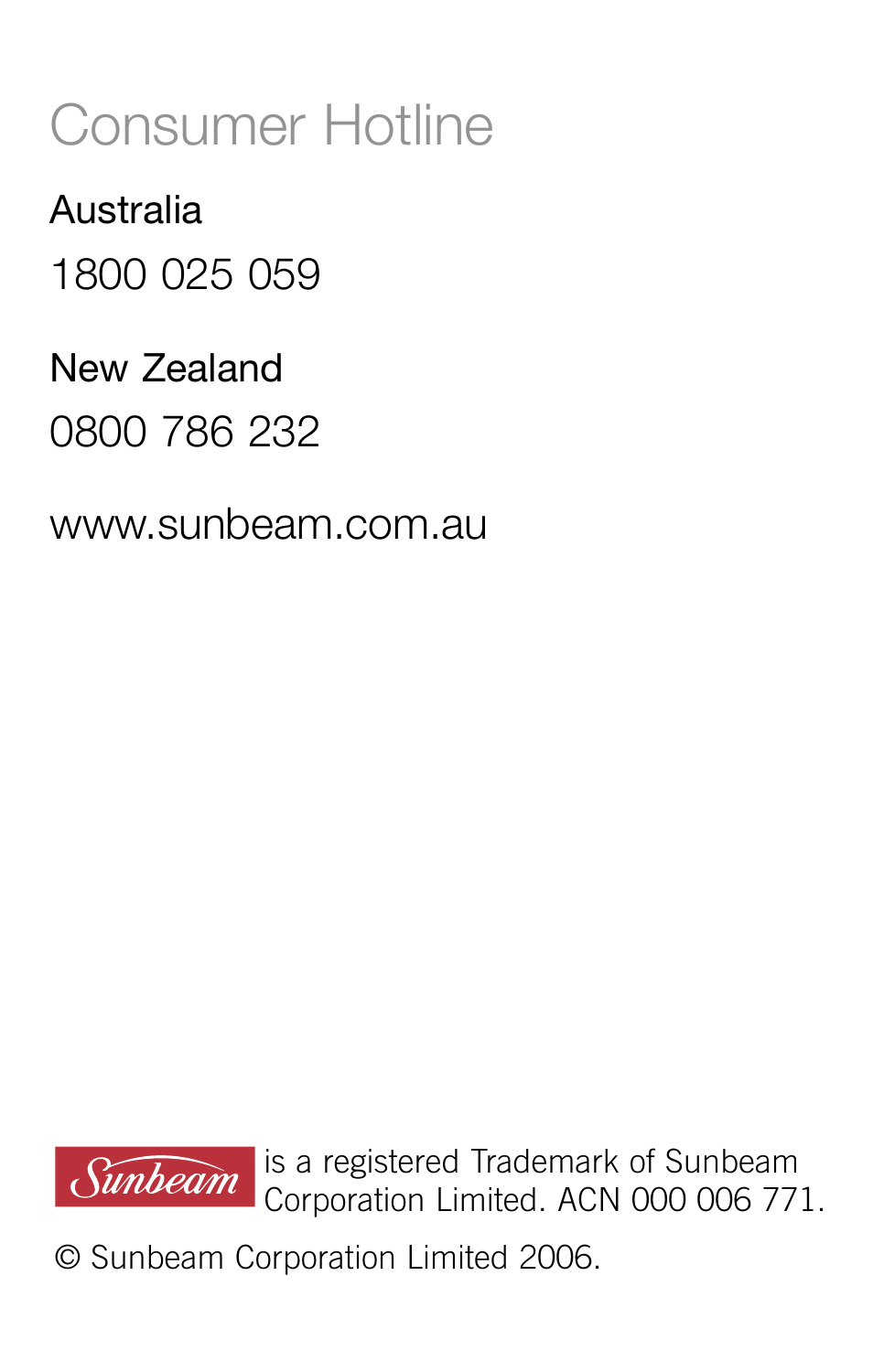 Consumer hotline | Sunbeam SH3200 User Manual | Page 14 / 14