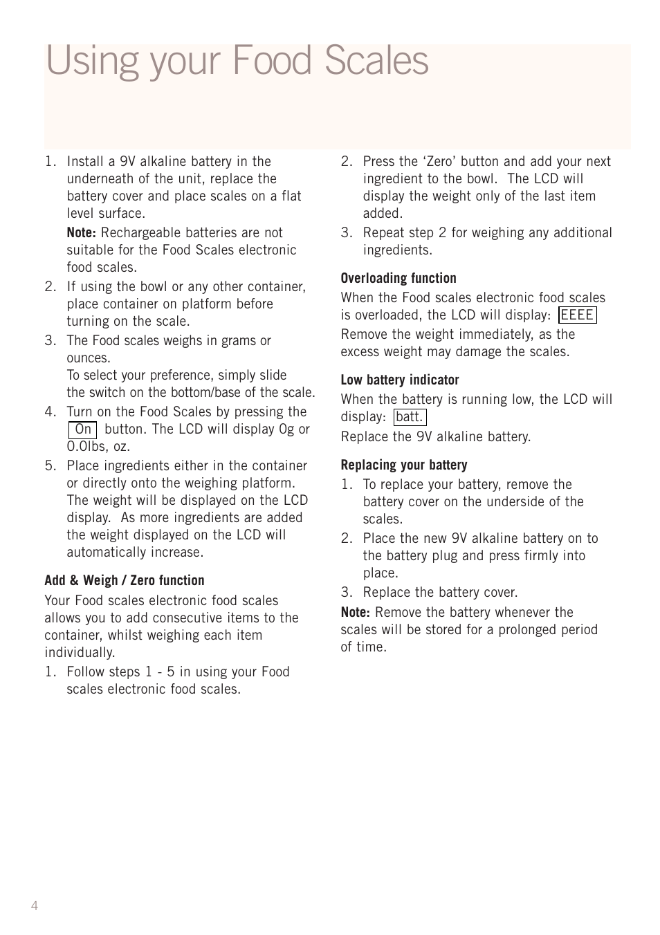 Using your food scales | Sunbeam FS7500 User Manual | Page 6 / 9