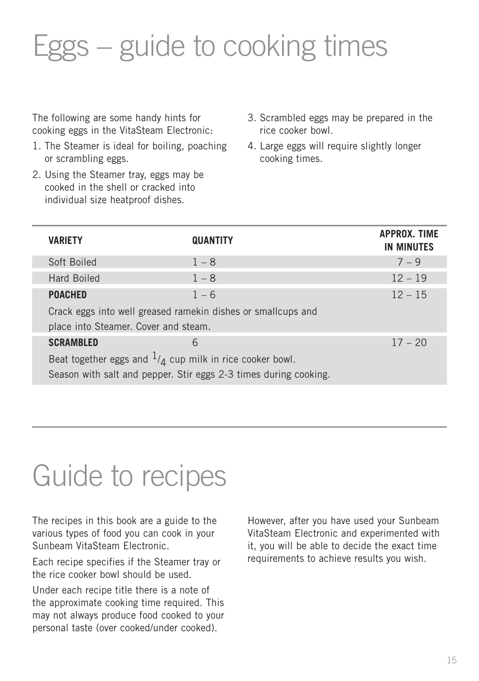 Eggs – guide to cooking times, Guide to recipes | Sunbeam ST6810 User Manual | Page 17 / 28