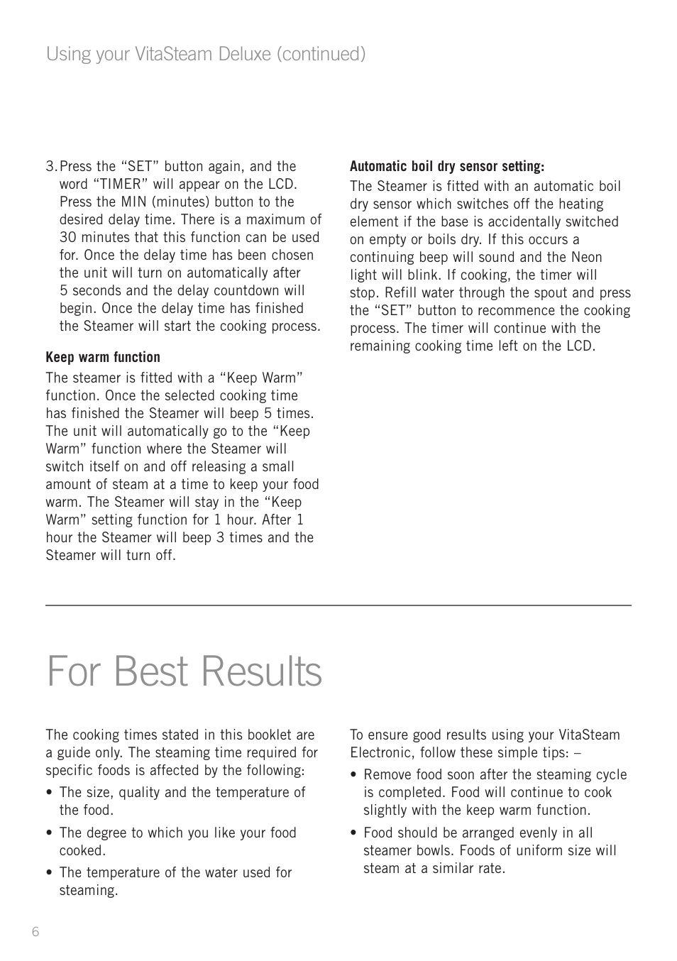 For best results, Using your vitasteam deluxe (continued) | Sunbeam ST6810 User Manual | Page 8 / 28