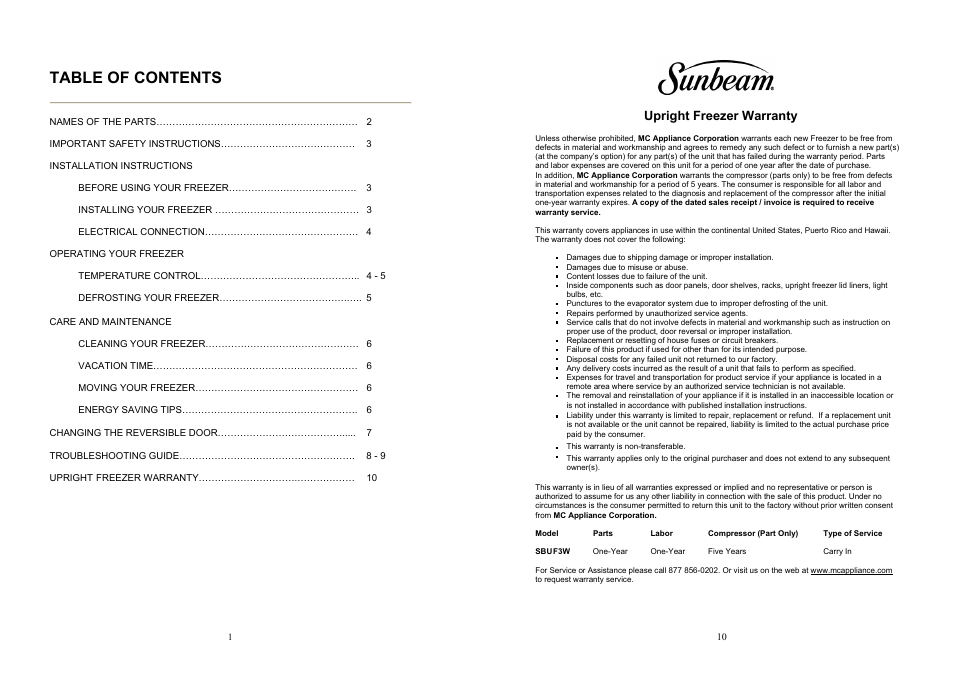 Sunbeam SBUF3W User Manual | Page 2 / 6