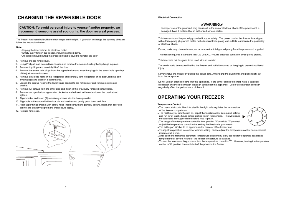 4.pdf, Operating your freezer, Changing the reversible door | Sunbeam SBUF3W User Manual | Page 5 / 6