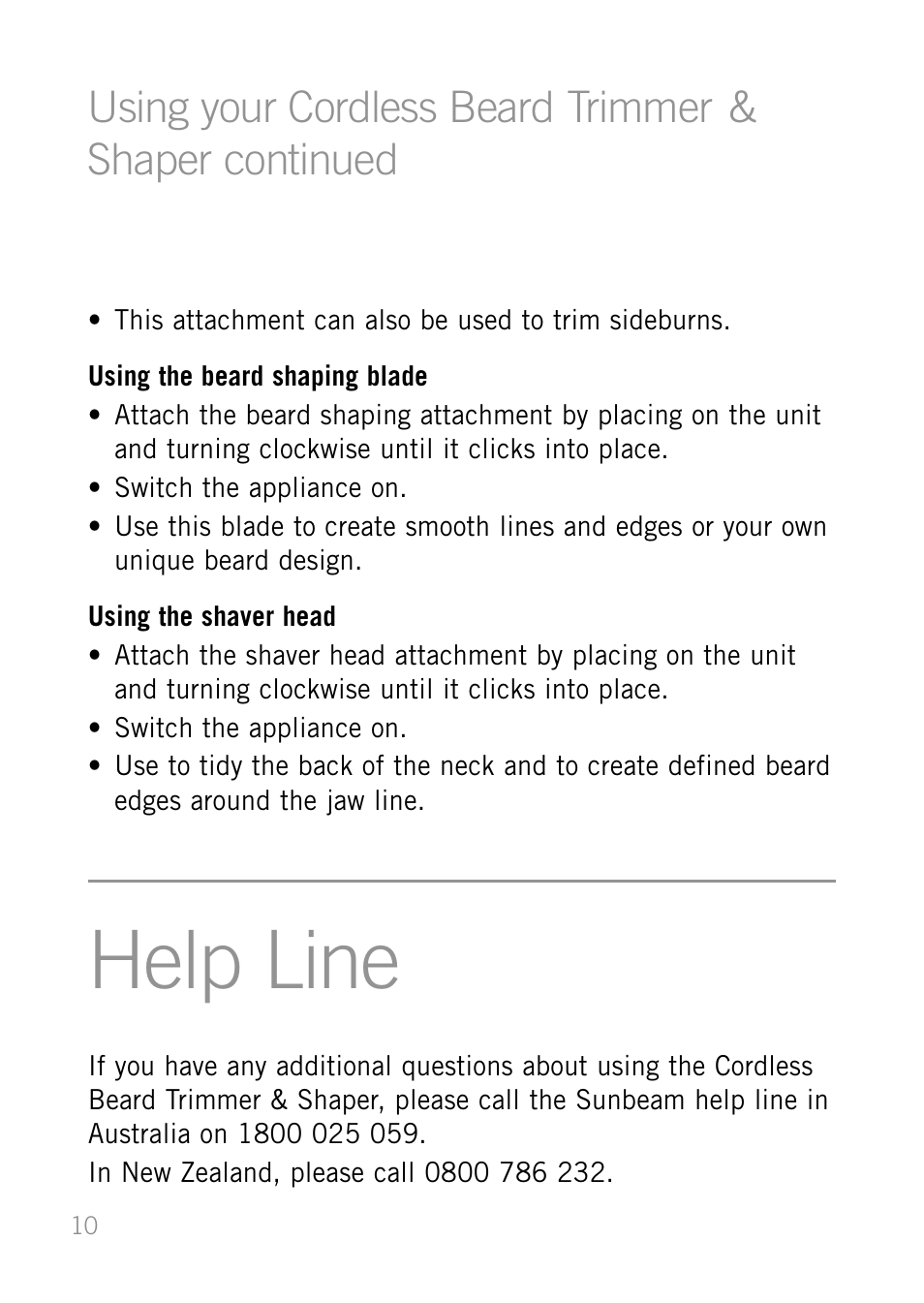 Help line | Sunbeam MG6500 User Manual | Page 10 / 12