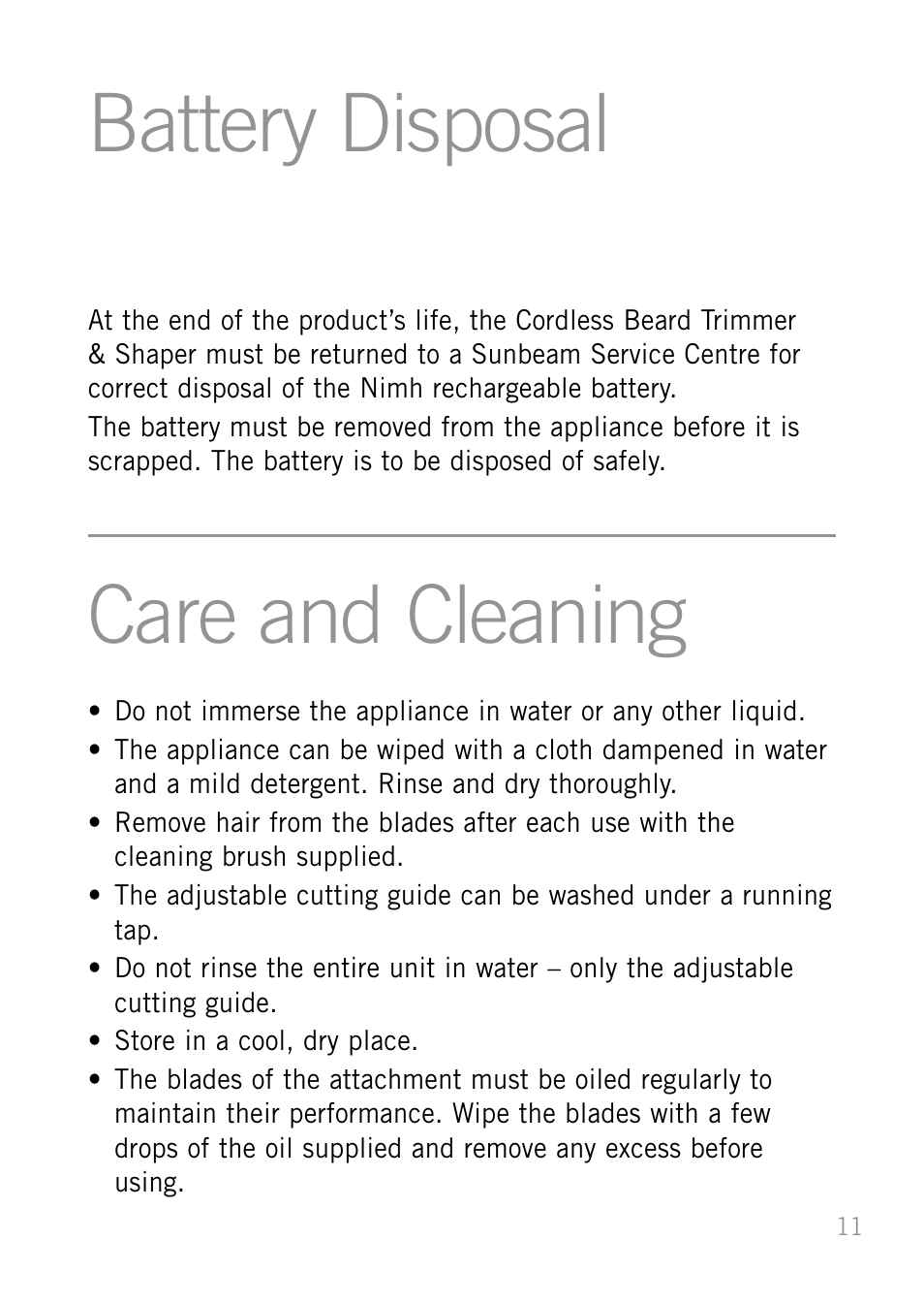 Help line, Battery disposal, Care and cleaning | Sunbeam MG6500 User Manual | Page 11 / 12