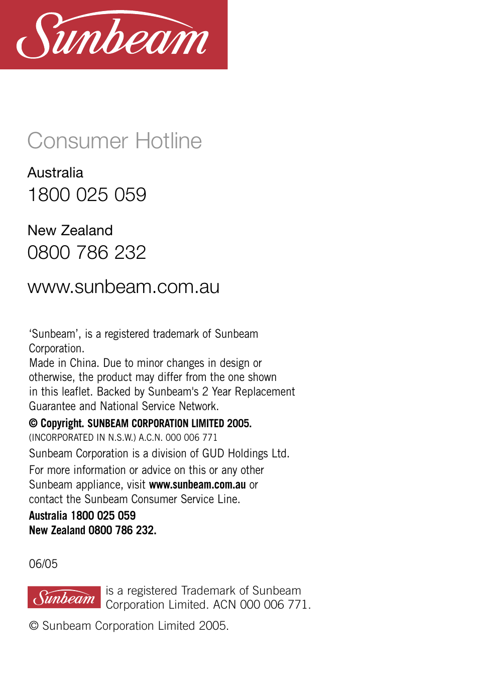 Consumer hotline | Sunbeam MG6500 User Manual | Page 12 / 12