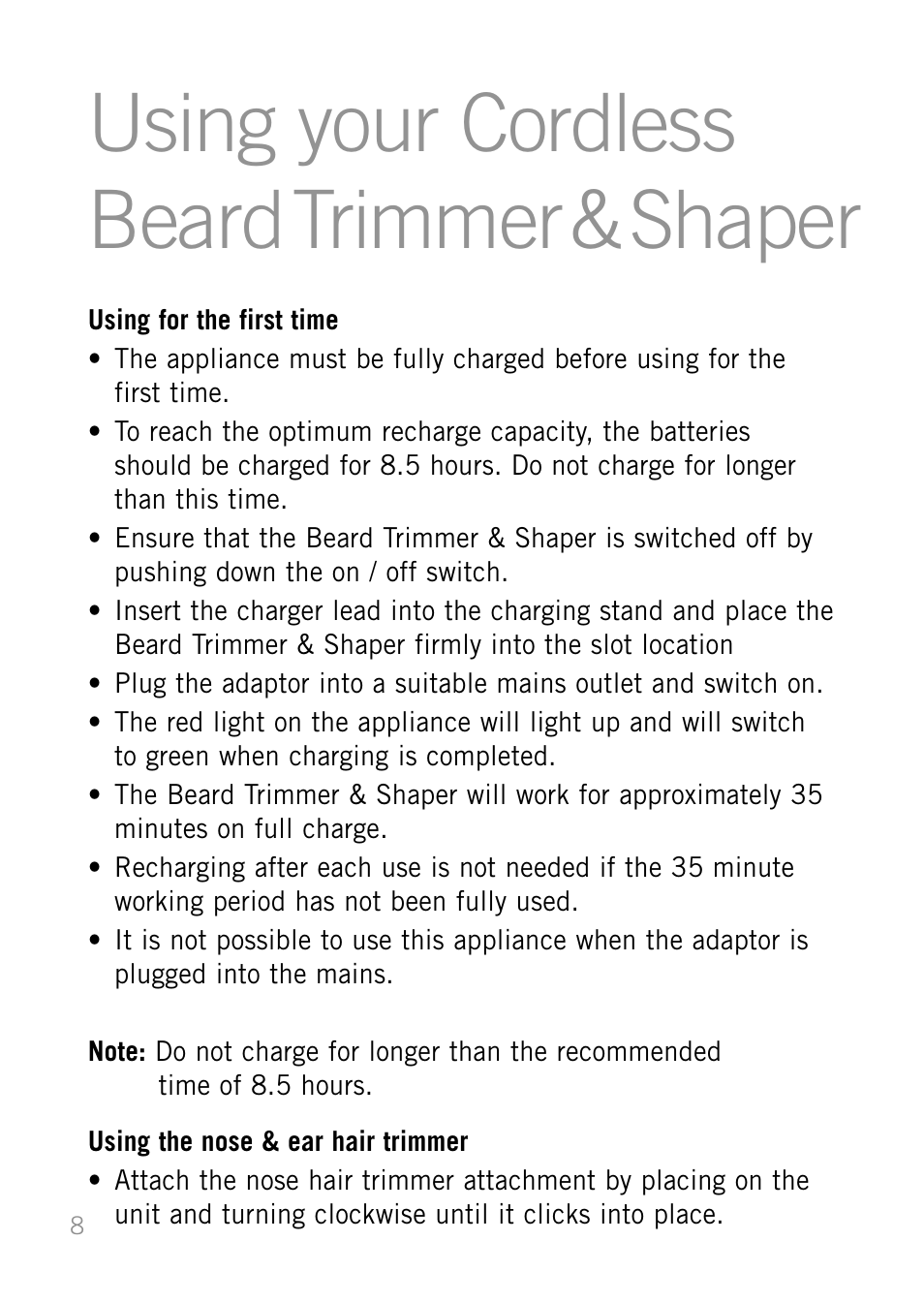 Using your cordless beard trimmer & shaper | Sunbeam MG6500 User Manual | Page 8 / 12
