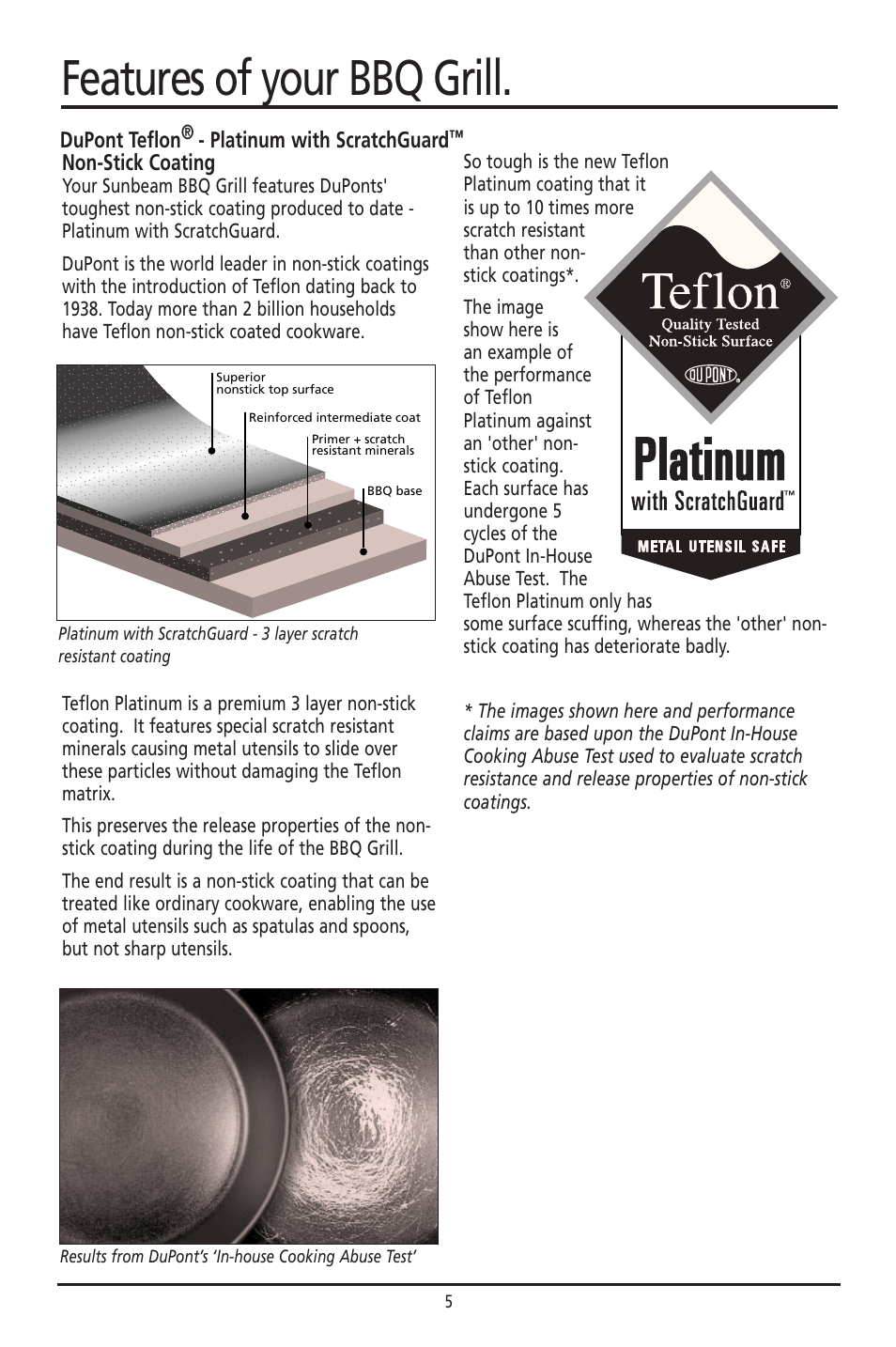 Features of your bbq grill, Non-stick coating, Dupont teflon | Platinum with scratchguard | Sunbeam HG055 User Manual | Page 5 / 15