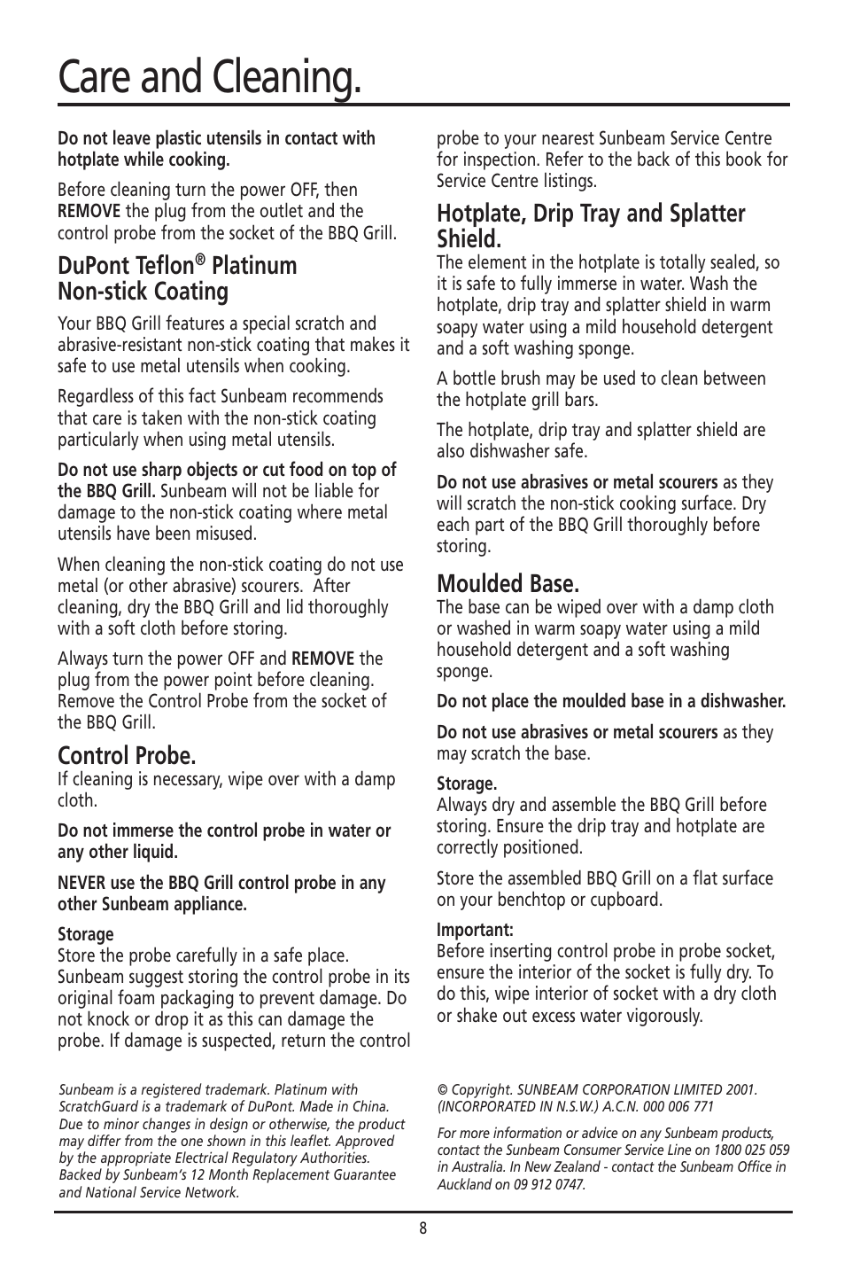 Care and cleaning, Dupont teflon, Platinum non-stick coating | Control probe, Hotplate, drip tray and splatter shield, Moulded base | Sunbeam HG055 User Manual | Page 8 / 15