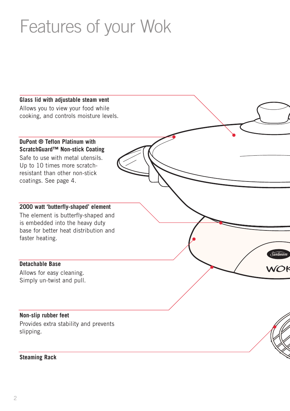 Features of your wok | Sunbeam WW4300 User Manual | Page 4 / 24