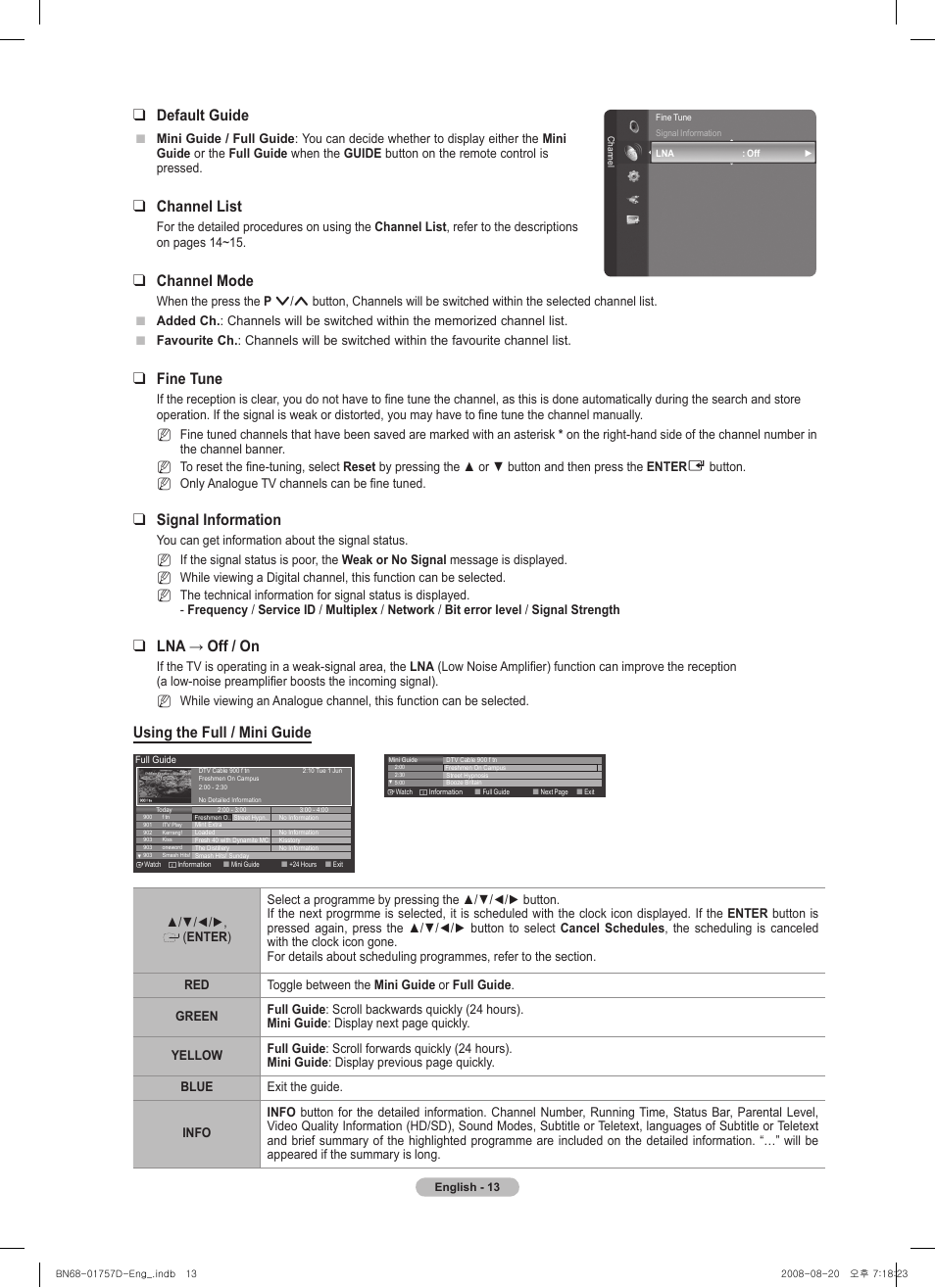 Default guide, Channel list, Channel mode | Fine tune, Signal information, Lna → off / on, Using the full / mini guide | Samsung PS-63 A756T1M User Manual | Page 13 / 76