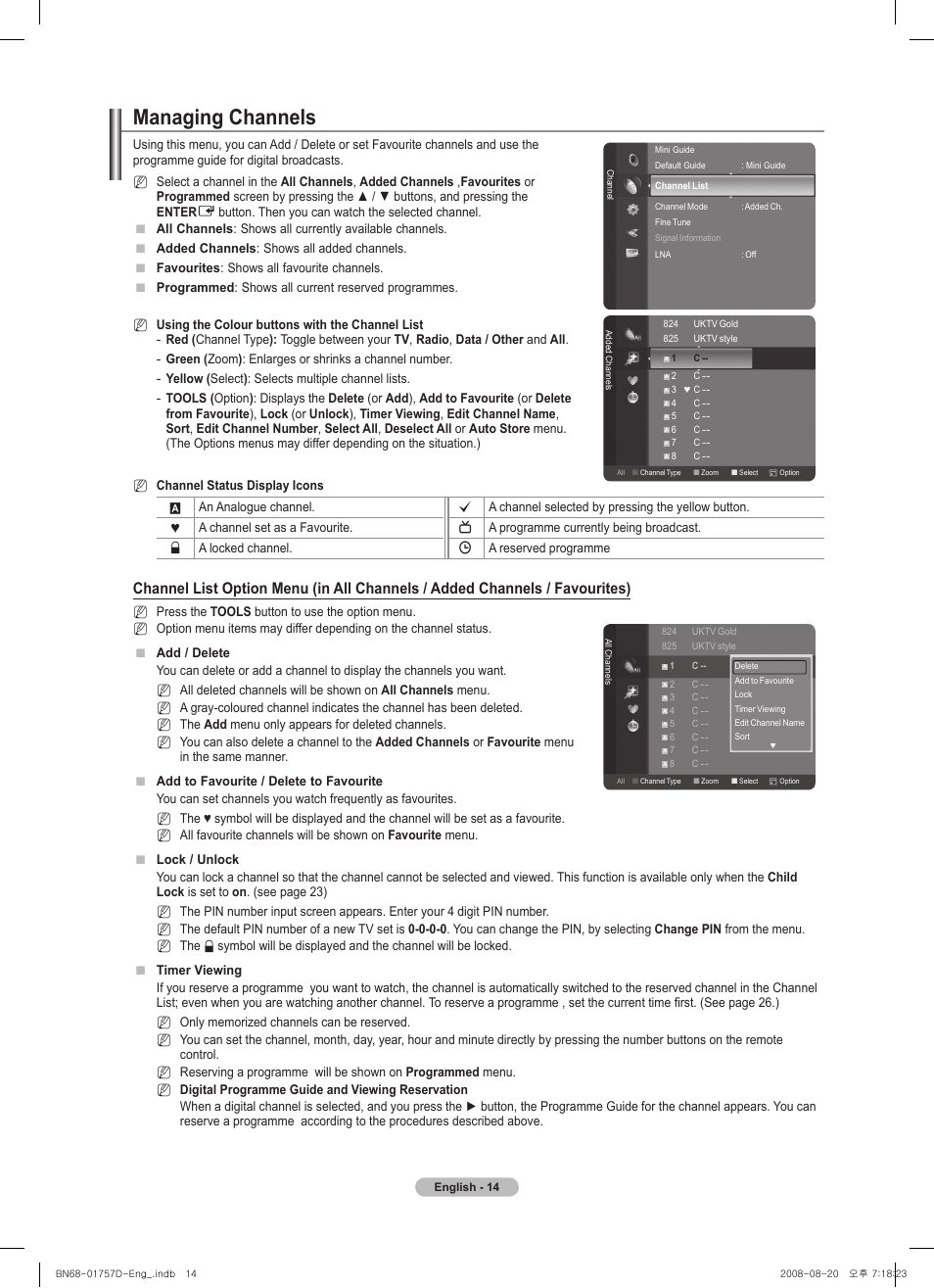Managing channels | Samsung PS-63 A756T1M User Manual | Page 14 / 76
