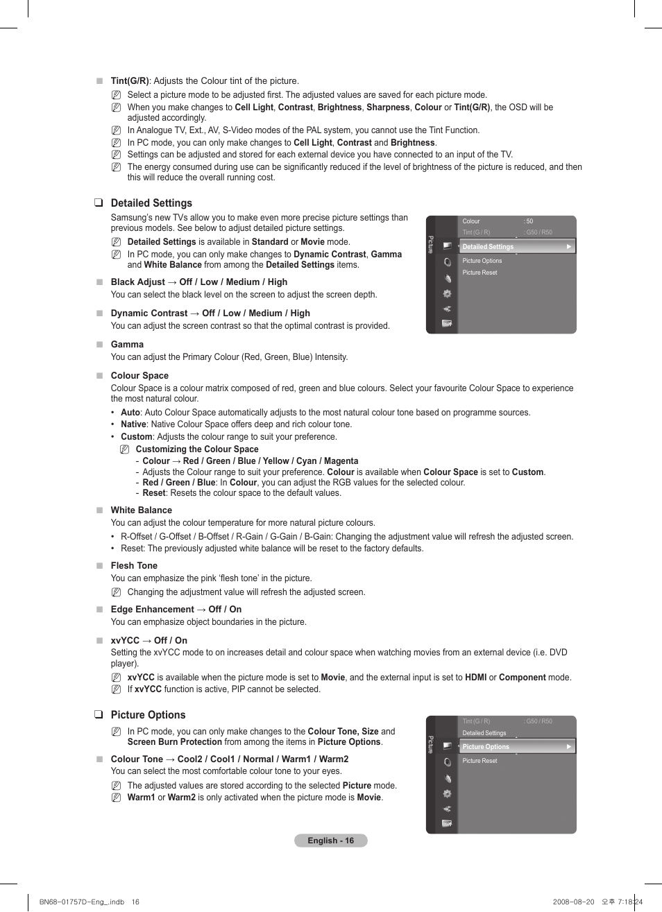 Detailed settings, Picture options | Samsung PS-63 A756T1M User Manual | Page 16 / 76