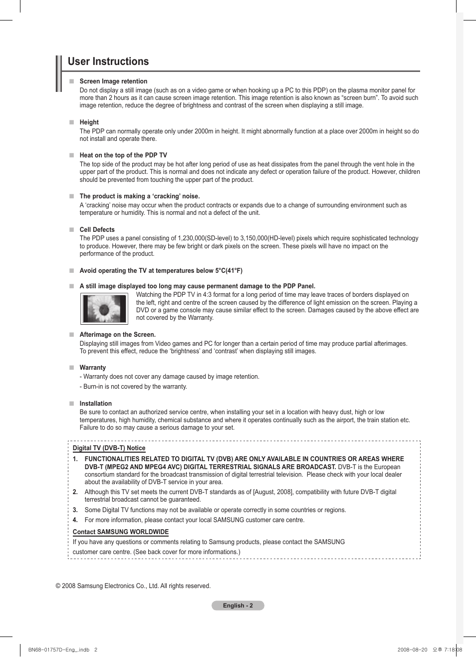 User instructions | Samsung PS-63 A756T1M User Manual | Page 2 / 76