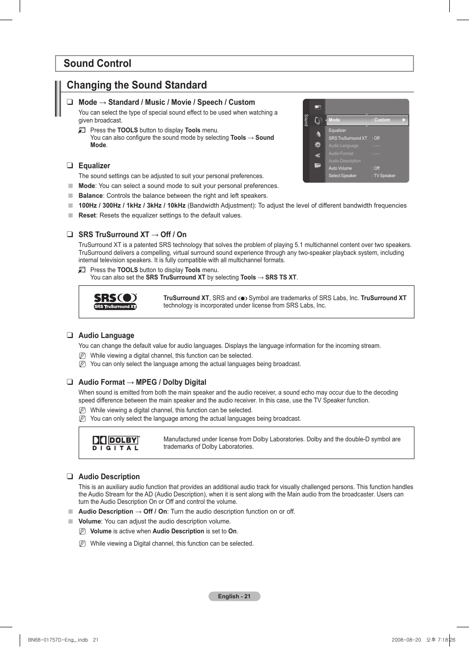 Sound control, Changing the sound standard, Sound control changing the sound standard | Samsung PS-63 A756T1M User Manual | Page 21 / 76