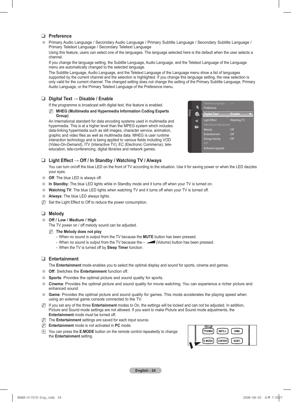 Preference, Digital text → disable / enable, Melody | Entertainment | Samsung PS-63 A756T1M User Manual | Page 24 / 76