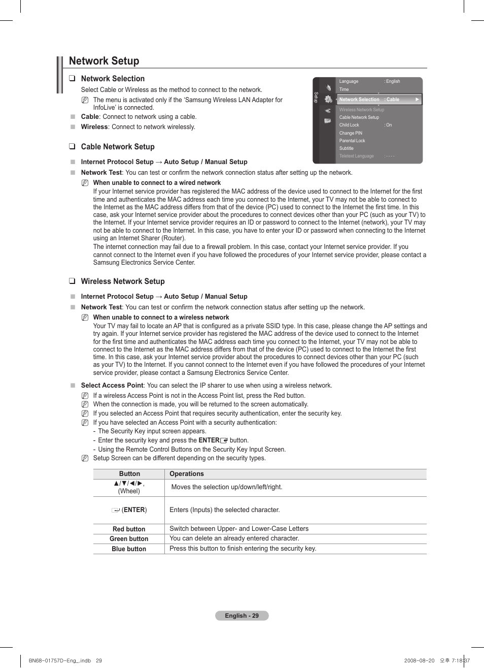 Network setup, Network selection, Cable network setup | Wireless network setup | Samsung PS-63 A756T1M User Manual | Page 29 / 76