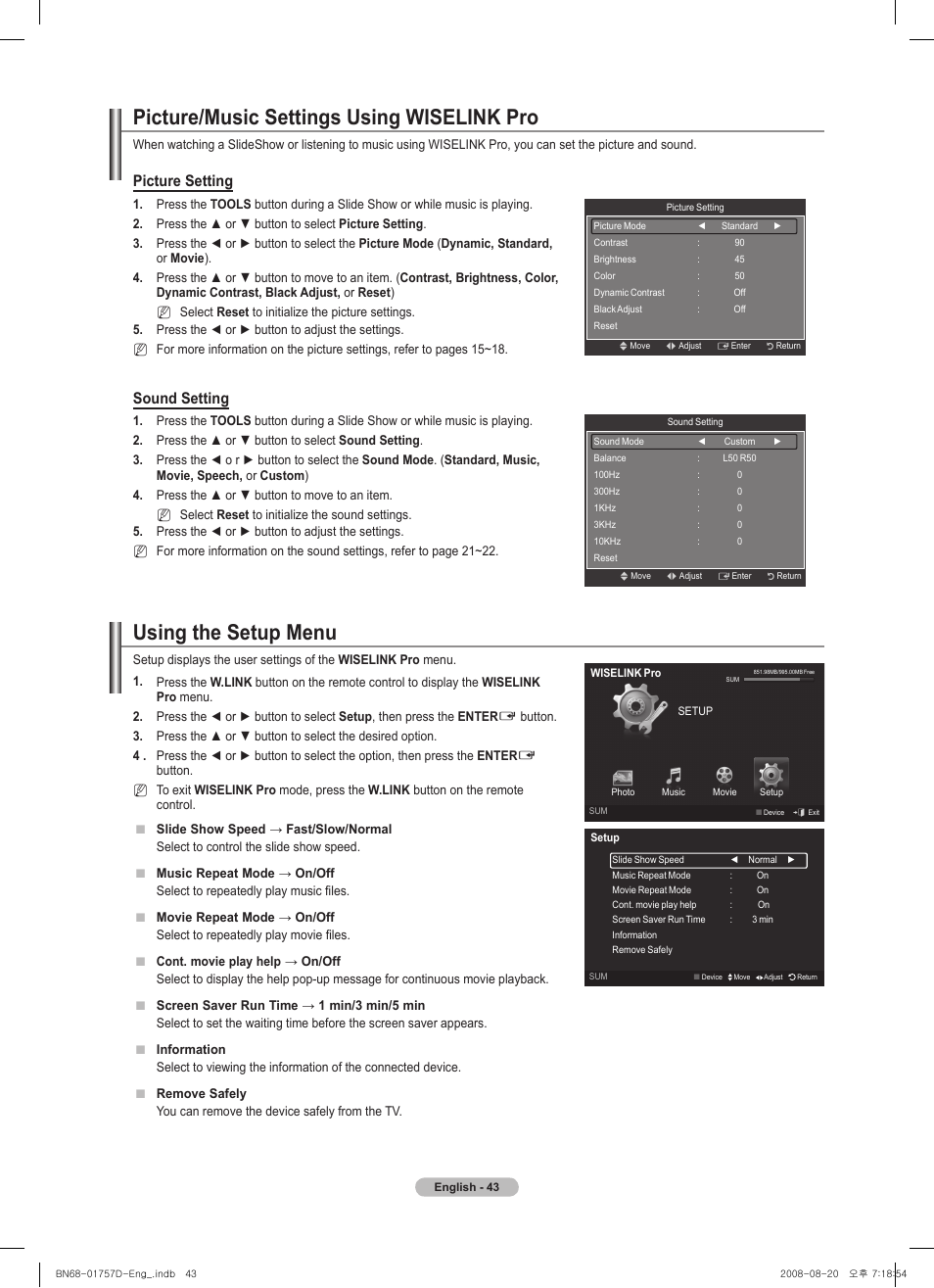 Picture/music settings using wiselink pro, Using the setup menu, Picture setting | Sound setting | Samsung PS-63 A756T1M User Manual | Page 43 / 76
