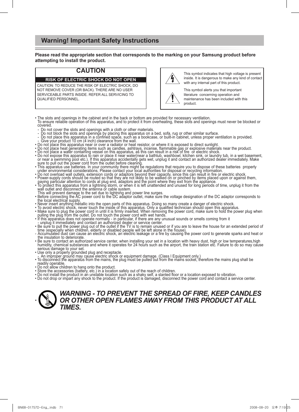 Warning! important safety instructions, Warning! important safety instructions caution | Samsung PS-63 A756T1M User Manual | Page 71 / 76