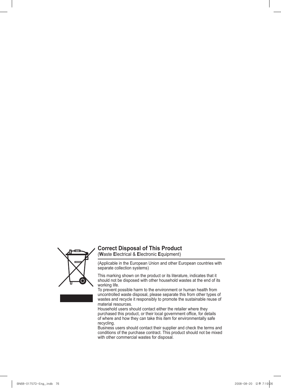 Correct disposal of this product | Samsung PS-63 A756T1M User Manual | Page 76 / 76