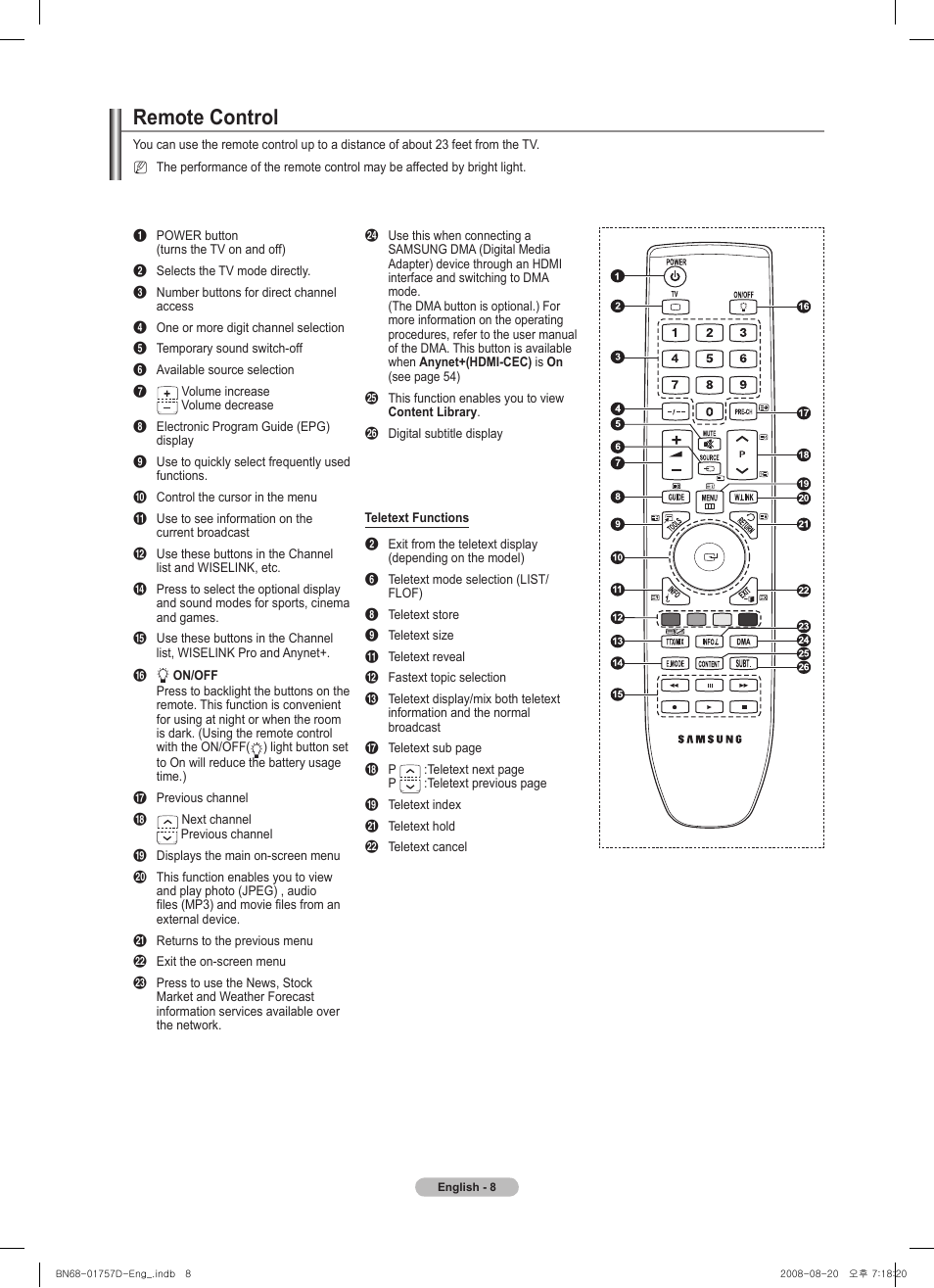 Remote control | Samsung PS-63 A756T1M User Manual | Page 8 / 76