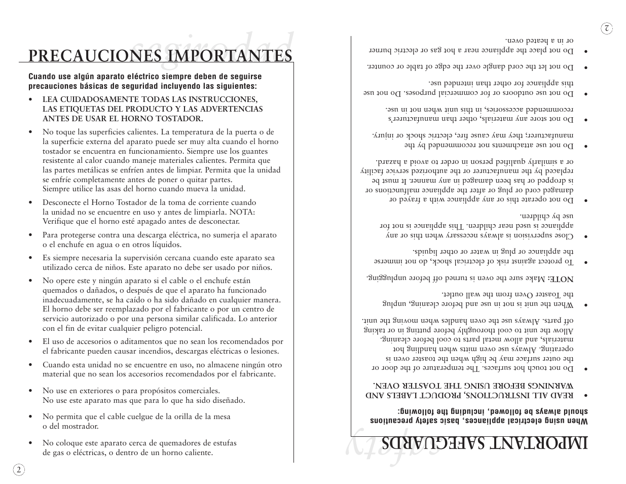 Segirodad safety, Import ant safeguards, Precauciones importantes | Sunbeam 6190 User Manual | Page 12 / 20