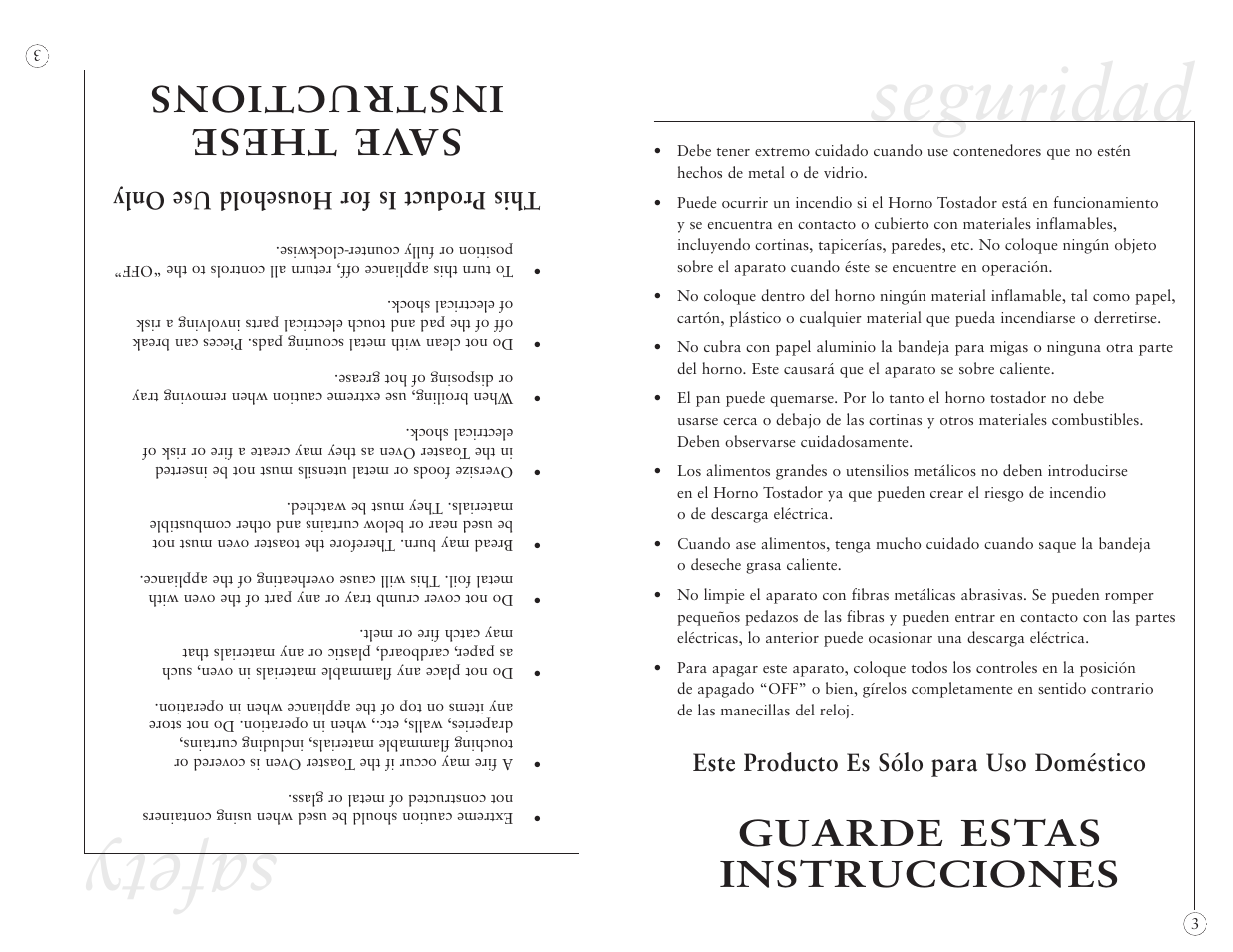 Seguridad, Safety, Guarde estas instrucciones | Sa ve these instructions, Este producto es sólo para uso doméstico, This product is for household use only | Sunbeam 6190 User Manual | Page 13 / 20