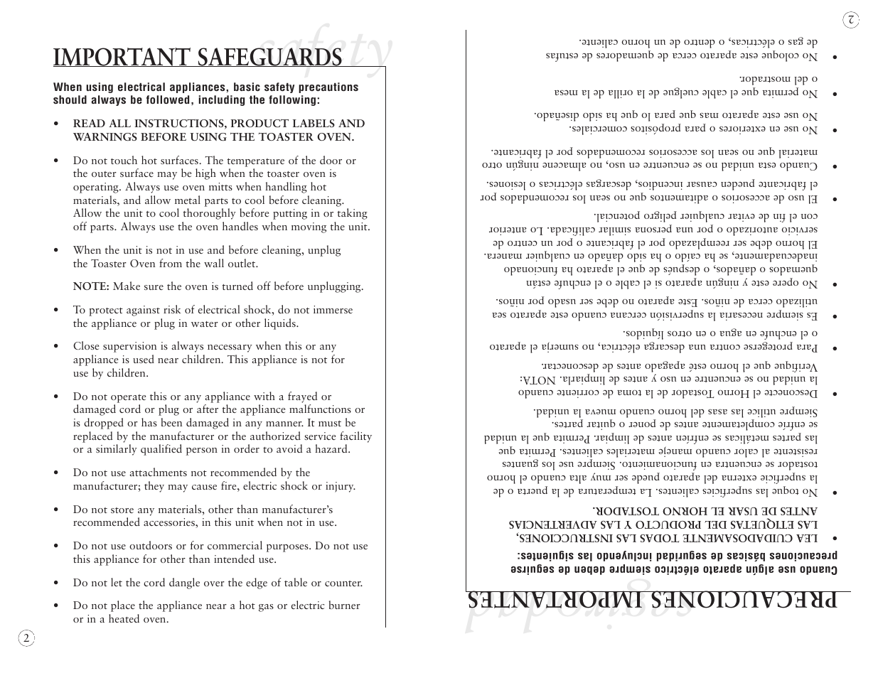 Segirodad safety, Important safeguards, Precauciones import antes | Sunbeam 6190 User Manual | Page 2 / 20