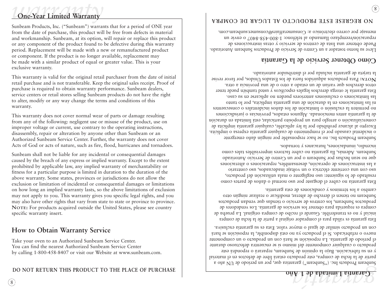 Warranty, Garantía | Sunbeam 6190 User Manual | Page 8 / 20